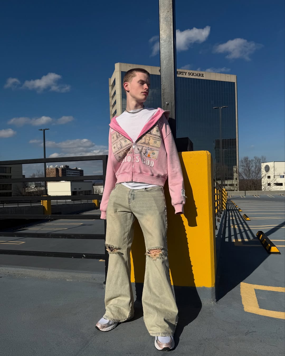 Pink Zip Hoodie with Money Print & Distressed Wide-Leg Jeans